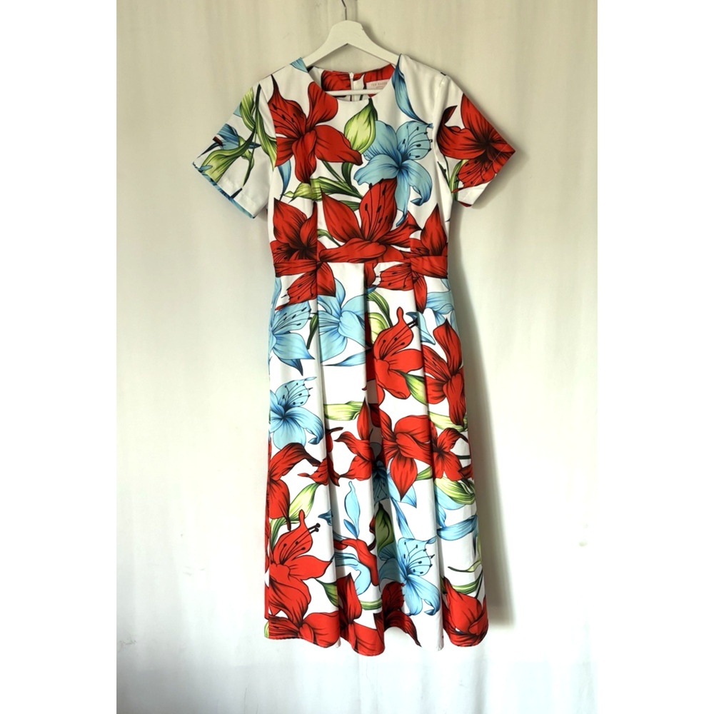 Ted Baker Dress 1 Fit & Flare Floral Red Short Sleeve Midi Crew Cocktail